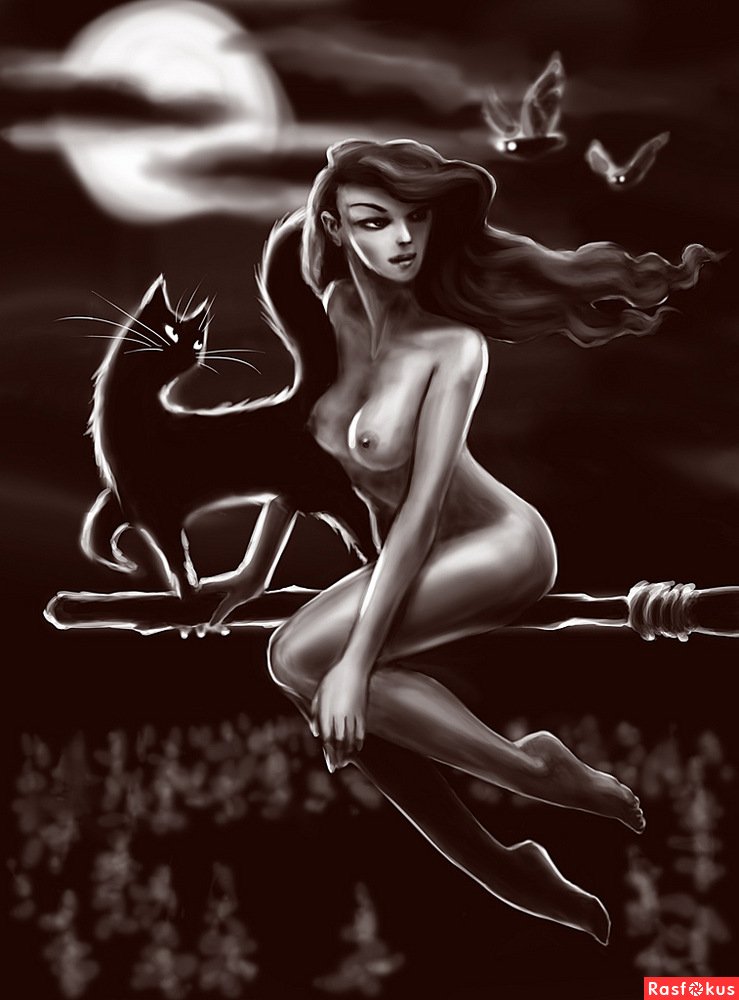 Erotic witch on a broomstick