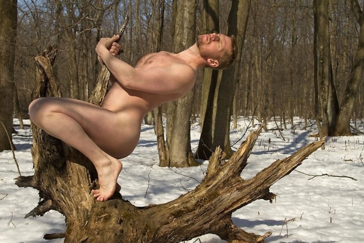 Naked guys in the winter in the forest