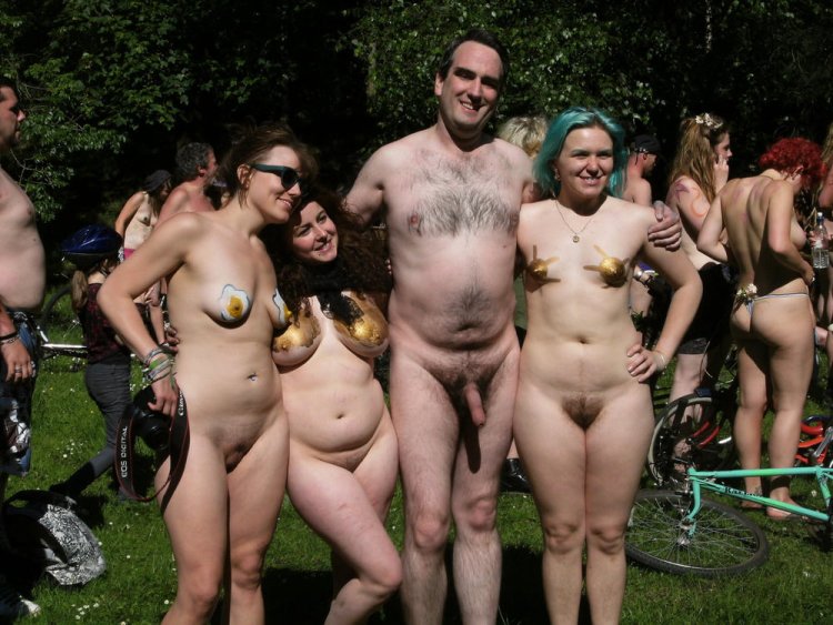 Naked girls among people