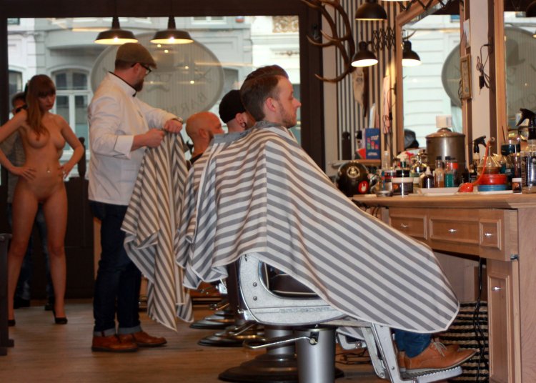 Busty in the barbershop naked