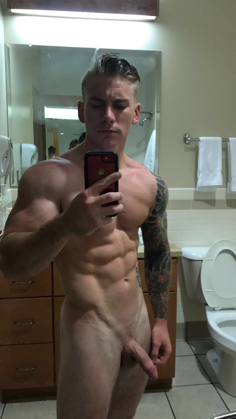 Naked Man with Big Dick Take a Photo in the Mirror