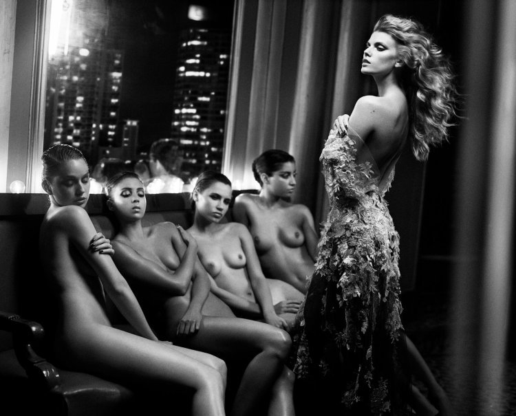 Naked women in evening dresses