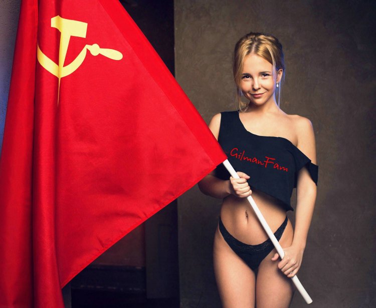 Woman with the flag of the USSR