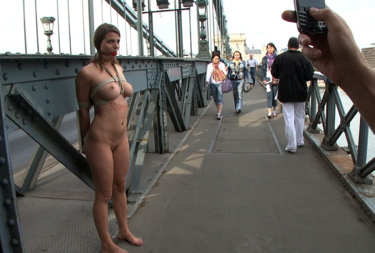Naked women on a leash on the street
