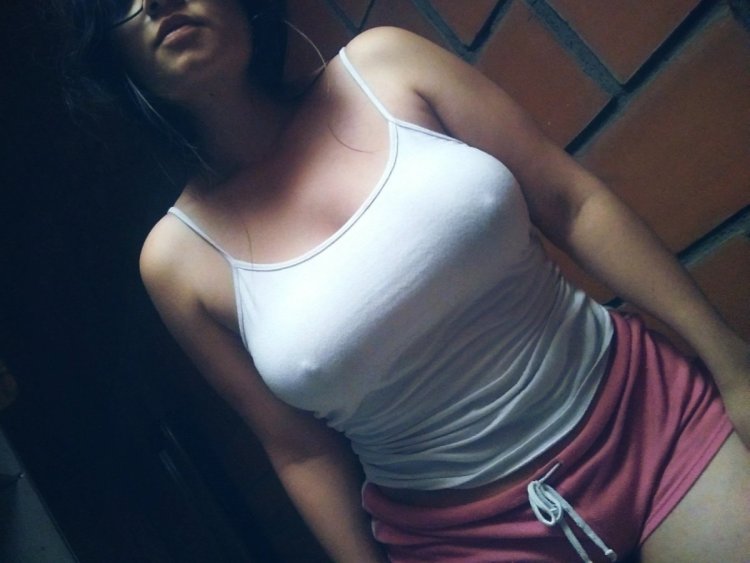 Without a bra in a public