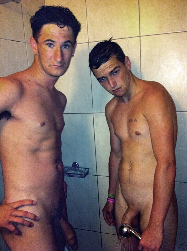 Naked men in the shower pool