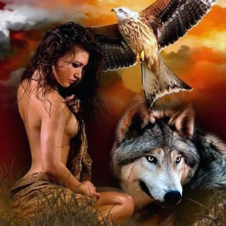 A man in the skin of a wolf and a girl nude