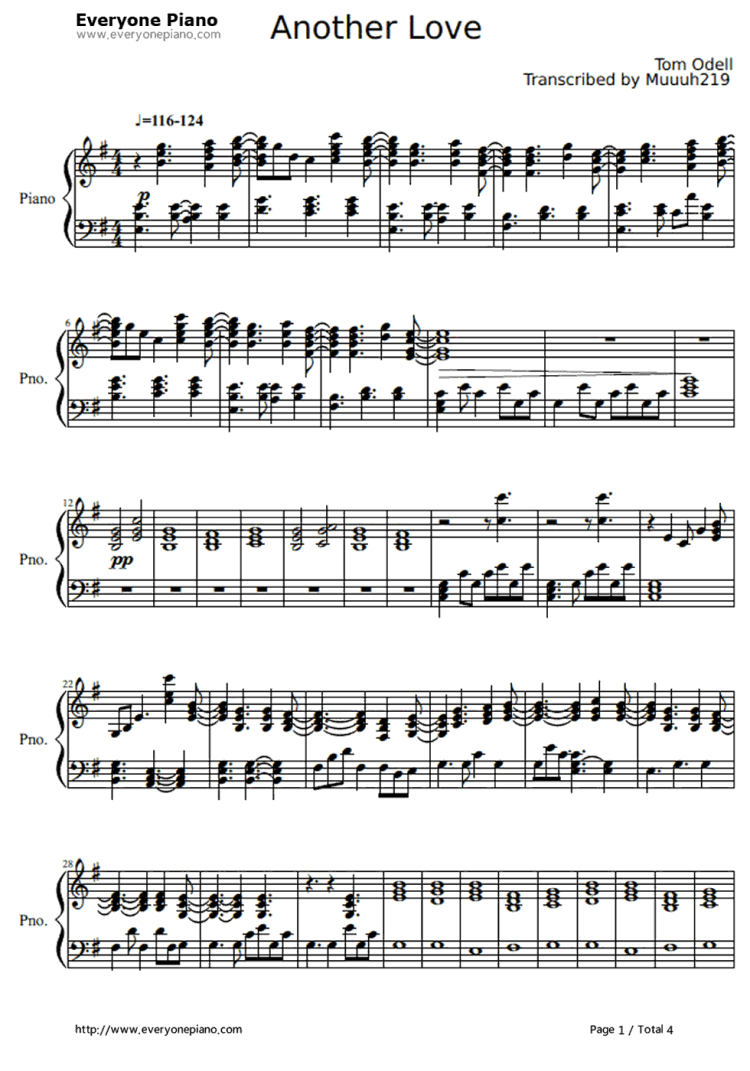 Another Love notes for piano