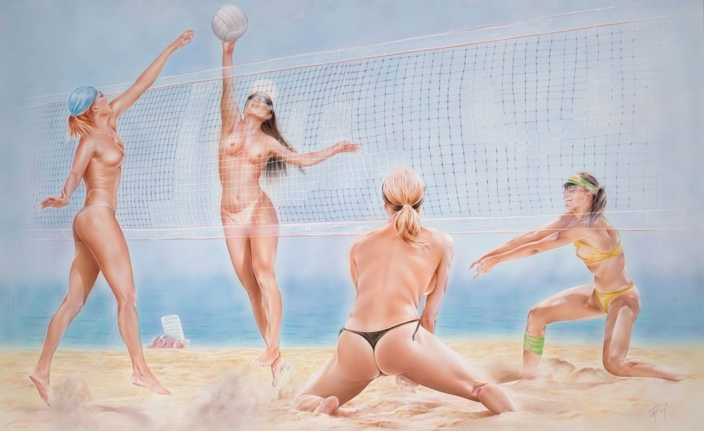 Naked beach volleyball players