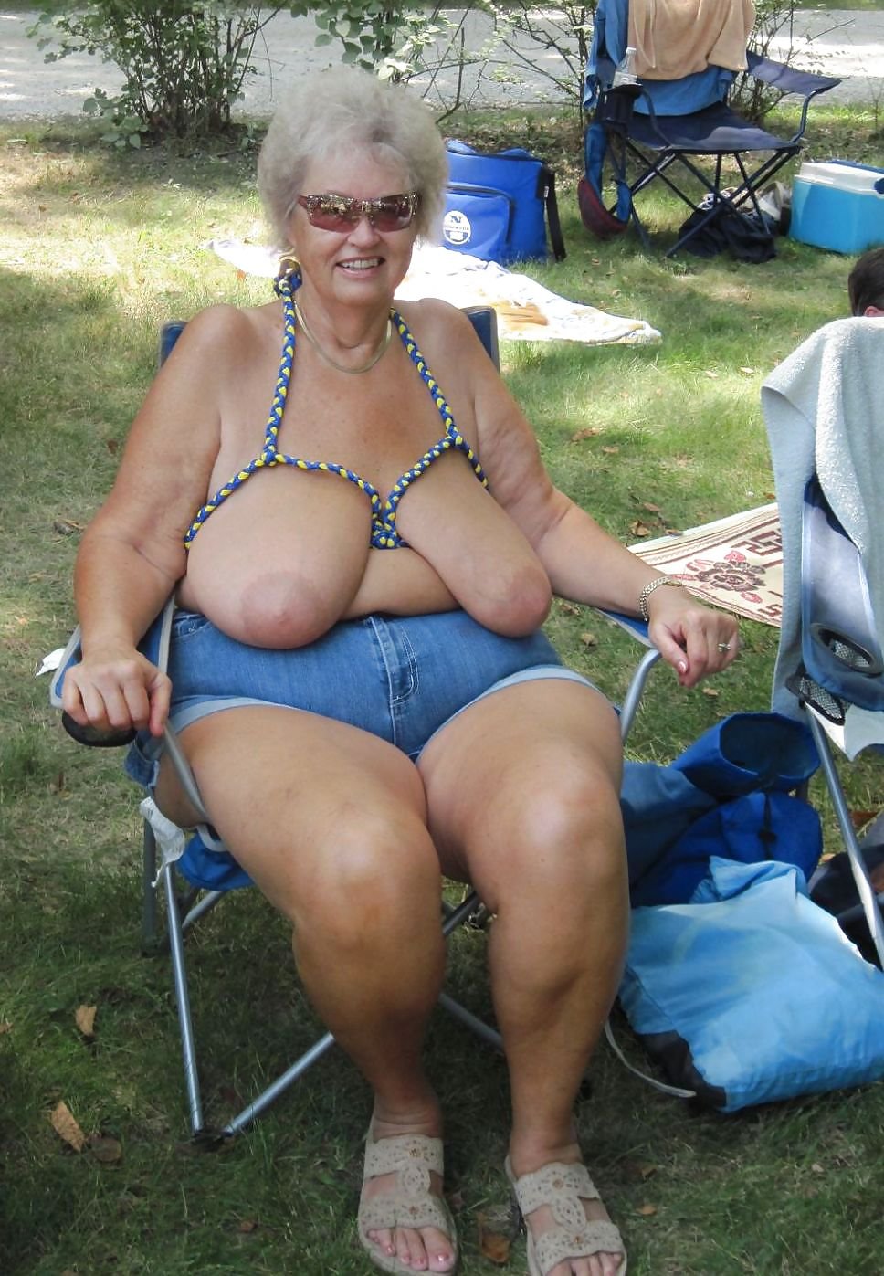 Grandmother's boobs in a swimsuit