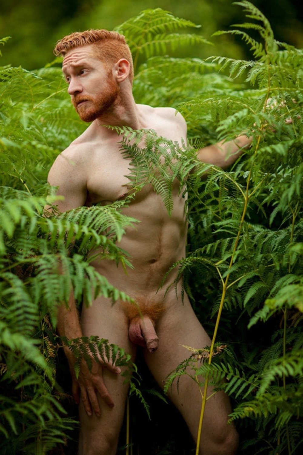 Naked men in the forest in nature