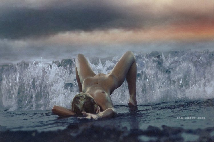 Naked brunette and blonde from stone