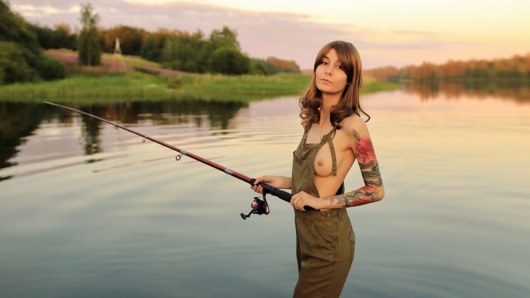 Girls fishing topless