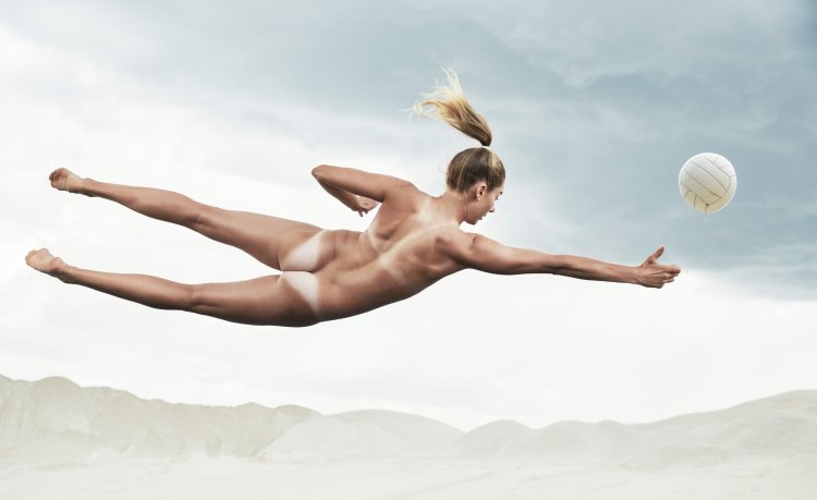 Nude girl jumping