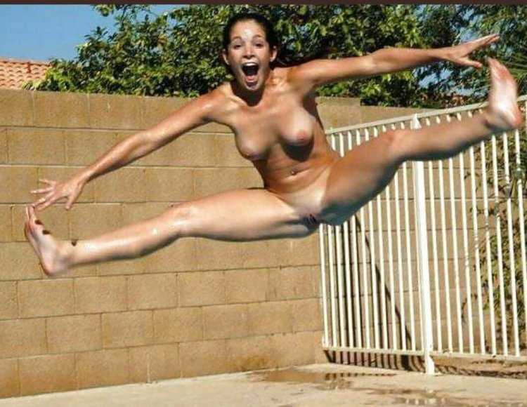 Naked women jump into the water