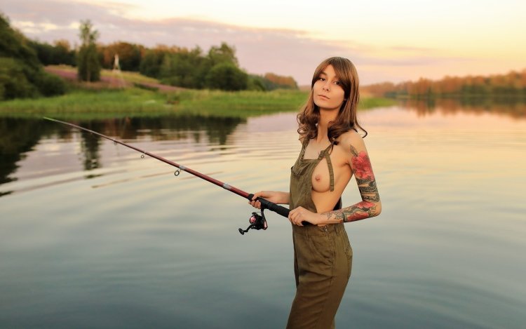 Naked girls fishing