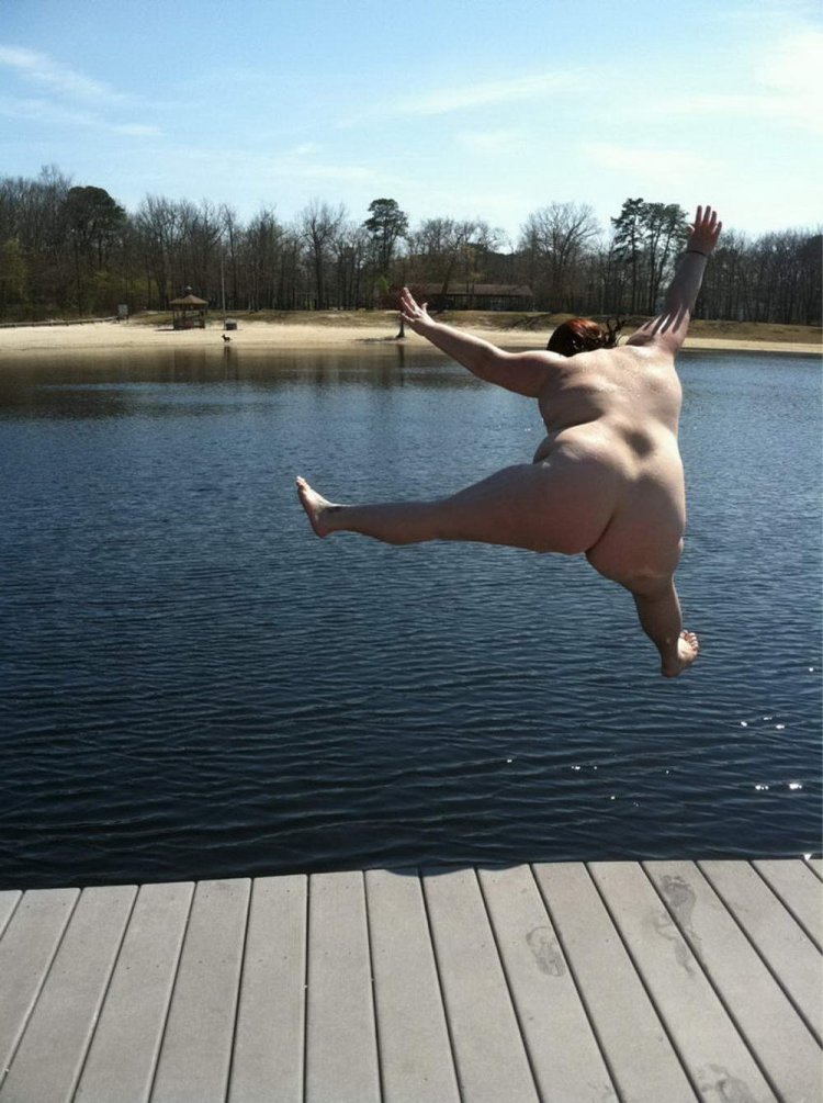 Women's jumping with bare breasts