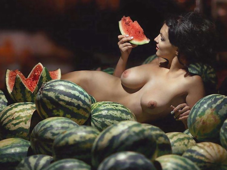 Striptease with large watermelons