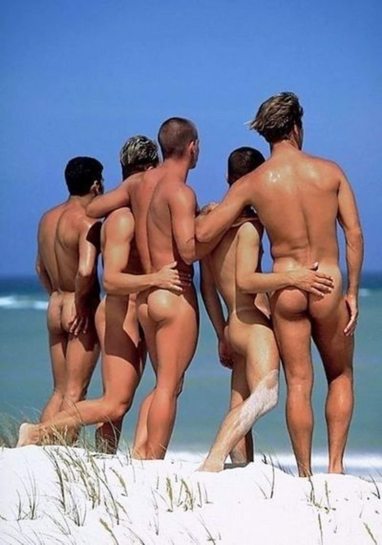 A lot of naked men on the beach