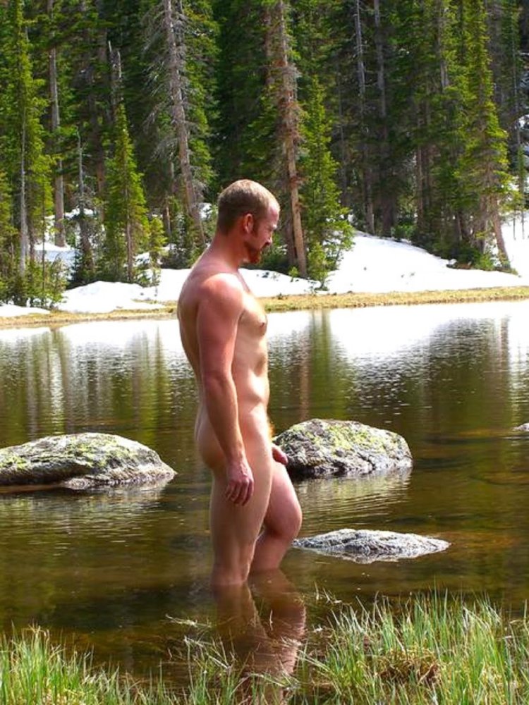 Naked hairy men in nature