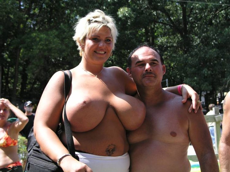 Elderly with big tits on the beach
