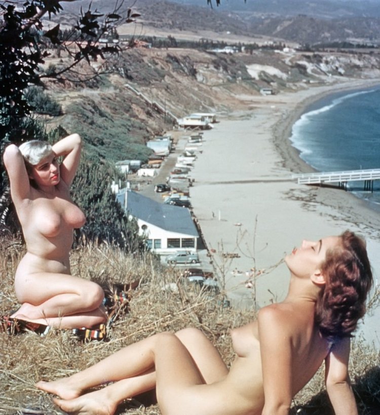 Naked women on the beach retro