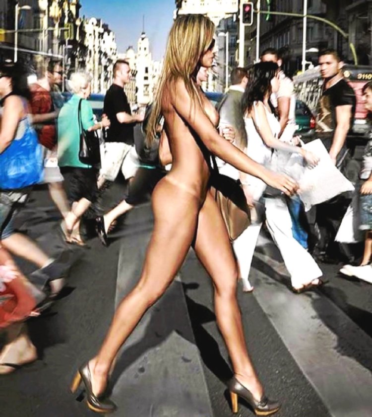 Naked fashion model in public