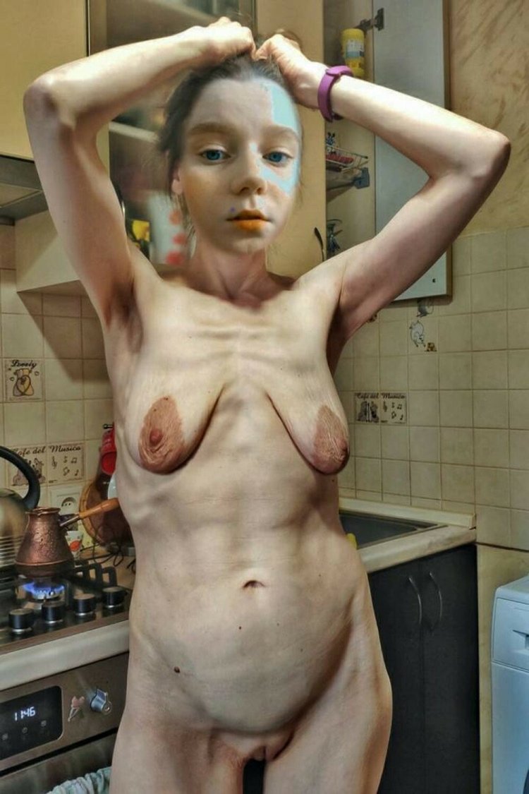 Sagging boobs of thin mature