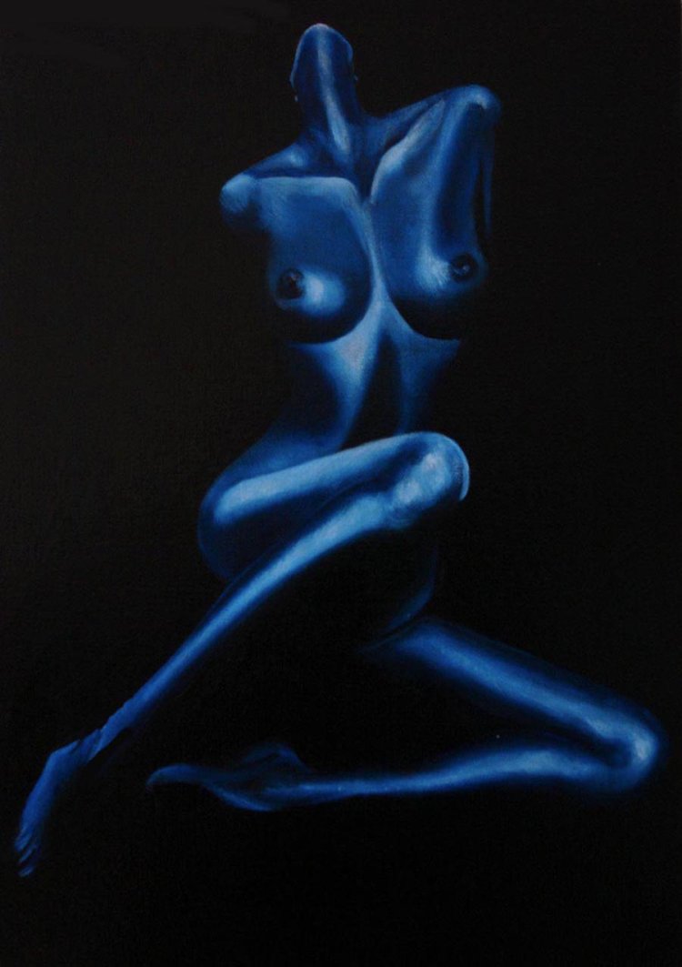 The girl is naked. Blue color