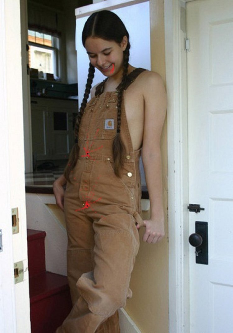 Nude Mechanic Girl in Overalls and Red Socks