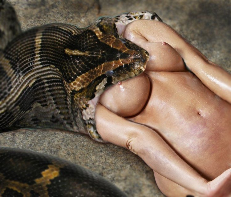 The snake swallows a naked woman