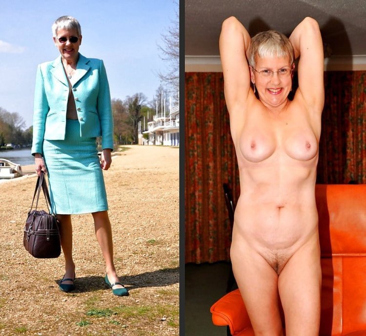 An elderly lady in clothes and without